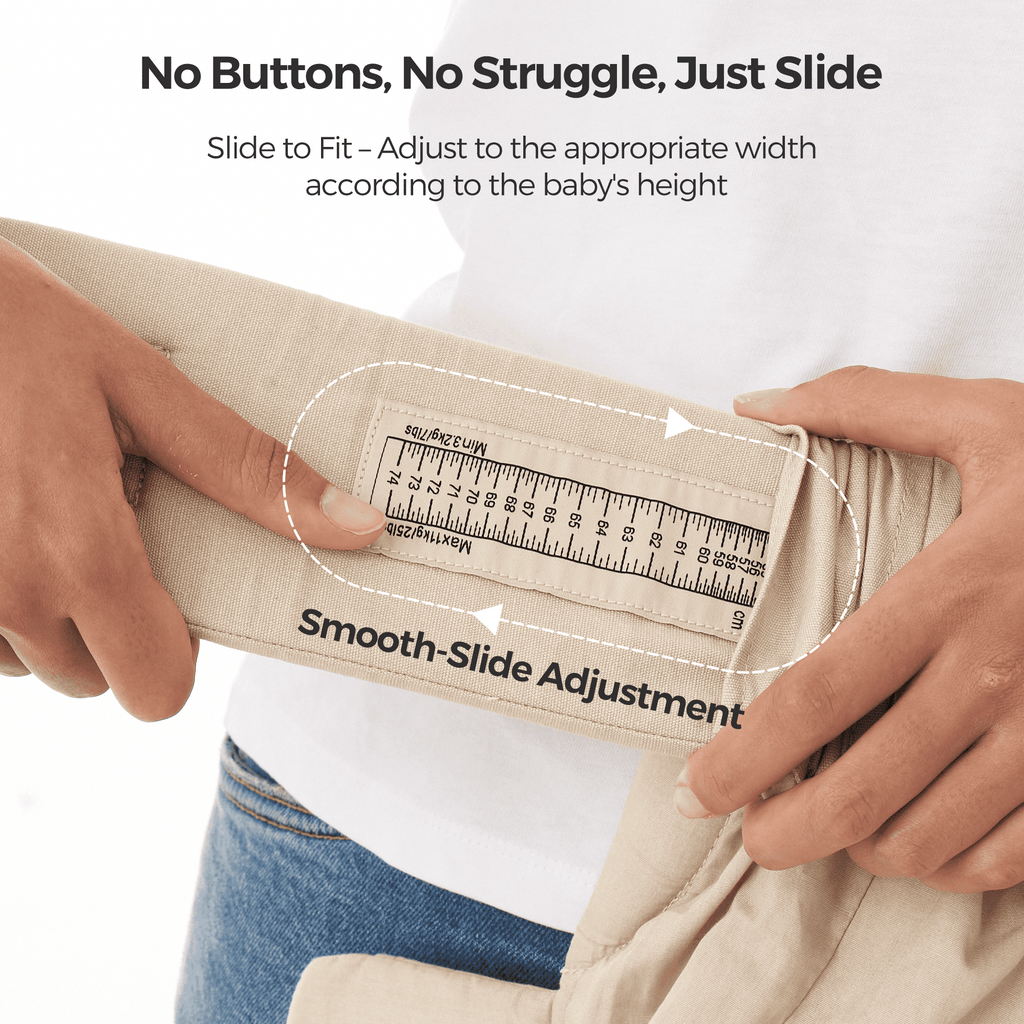 Momcozy WeeSnug Newborn Carrier smooth-slide adjustment for baby. Beige carrier with easy width adjustment for comfort.